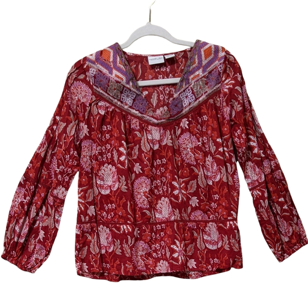 Rachel Zoe red floral long sleeve embroidered blouse oversized v-neck XS